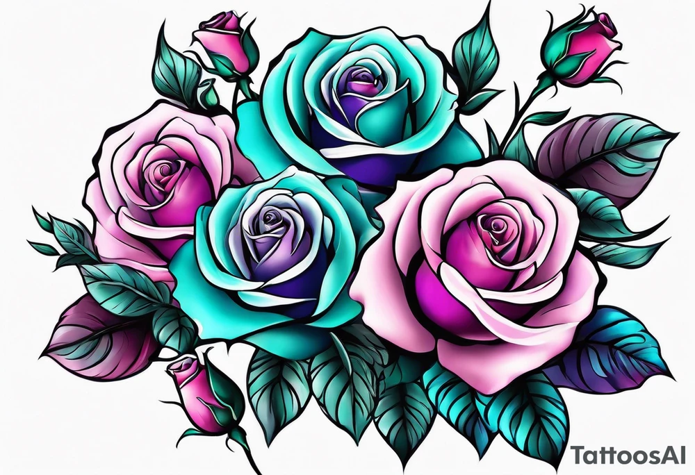 Vertical Pink purple roses with teal leaves tattoo idea