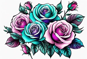 Vertical Pink purple roses with teal leaves tattoo idea