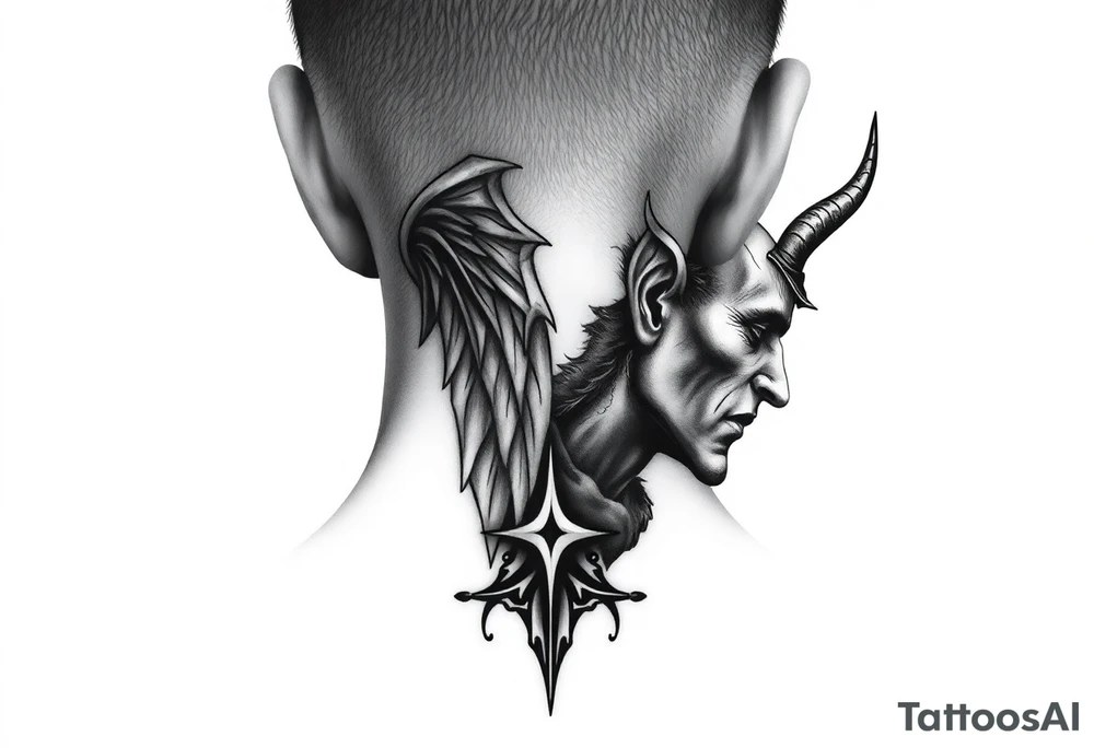 position behind the neck Angel (on the right) whispering in the right ear, demon (on the left) whispering in the left ear. It must be as realistic as possible. tattoo idea