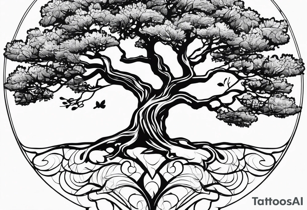 One line tattoo of oak tree with little gift at the bottom tattoo idea