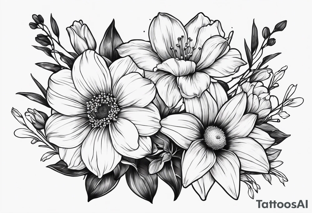 Minimalist Two roses, two daisies, one daffodil, one chrysanthemum, one gladiolus, one lily of the valley tattoo idea