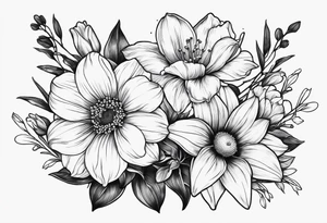 Minimalist Two roses, two daisies, one daffodil, one chrysanthemum, one gladiolus, one lily of the valley tattoo idea
