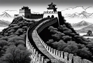 Great Chinese wall, realistic, art, gezeichnet, fine line, black and grey, man, details tattoo idea