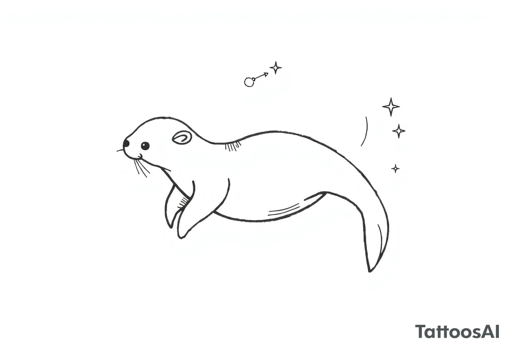 Dopamine molecule behind the outline of a gracefully swimming otter with flourish lines and stars tattoo idea