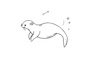Dopamine molecule behind the outline of a gracefully swimming otter with flourish lines and stars tattoo idea