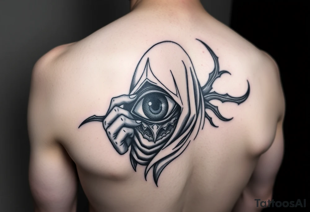 create me a sauske tattoo from where he is holding his eye and rinnegon in his other but he has both eyes and his cloak like usually and provide more detail and this will be a shoulder tattoo tattoo idea