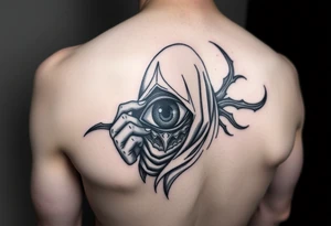 create me a sauske tattoo from where he is holding his eye and rinnegon in his other but he has both eyes and his cloak like usually and provide more detail and this will be a shoulder tattoo tattoo idea