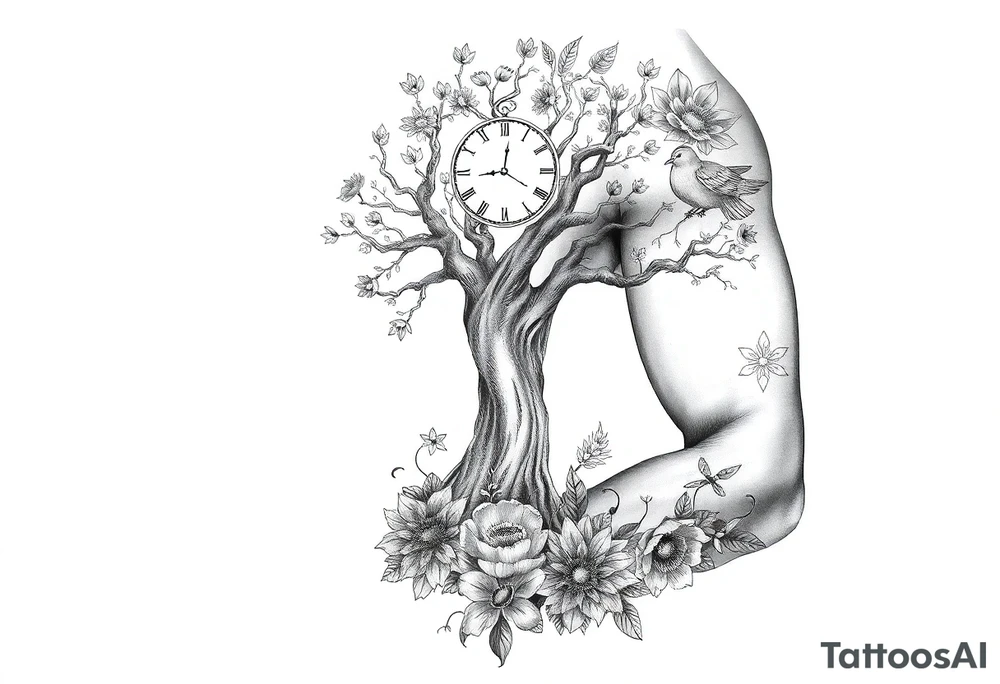 tree of life with clock, flowers,  surrounded by floral ornaments and birds tattoo idea