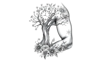tree of life with clock, flowers,  surrounded by floral ornaments and birds tattoo idea