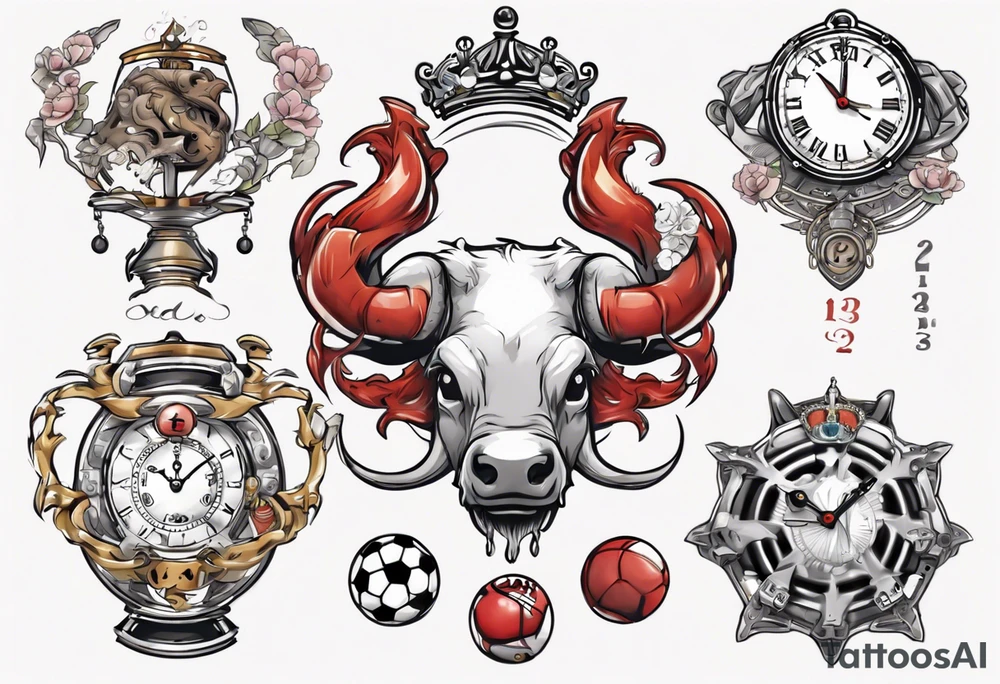 Ballon de foot avec le numéro23 ,  une horloge avec une couronne,  le tout avec au fond un taureau tattoo idea