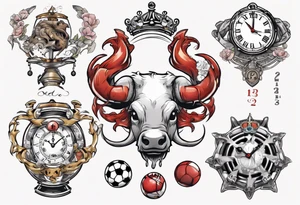Ballon de foot avec le numéro23 ,  une horloge avec une couronne,  le tout avec au fond un taureau tattoo idea