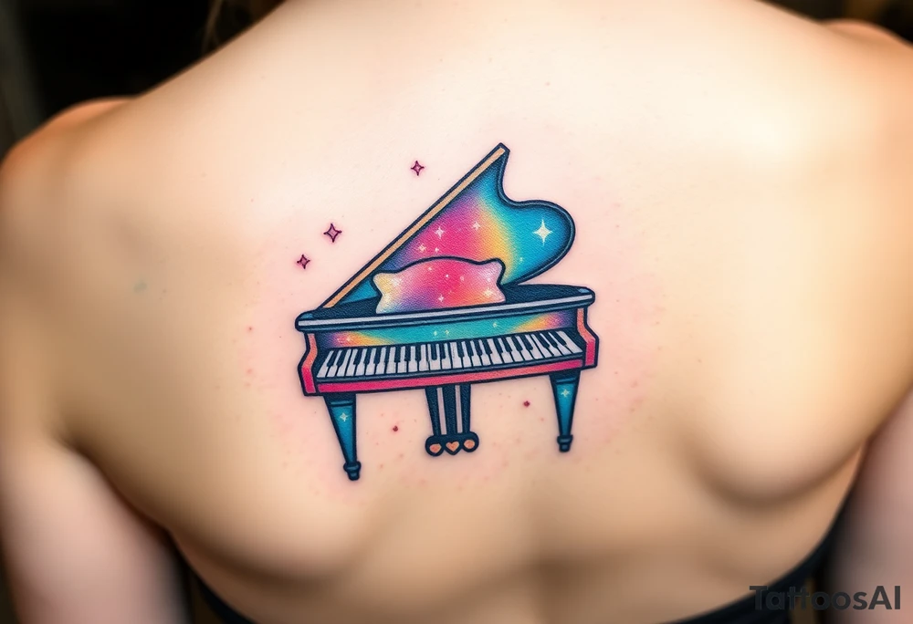 Colorful galaxy grand piano tattoo idea