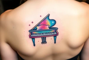 Colorful galaxy grand piano tattoo idea