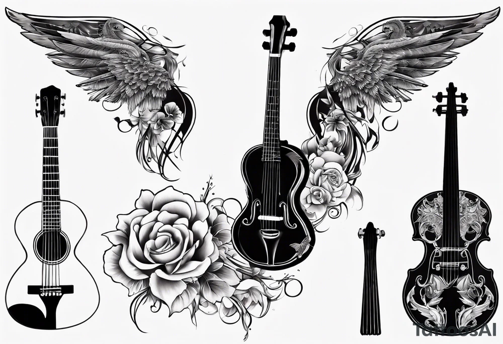 CROSSEED ACOUSTIC GUITAR AND VIOLIN WITH WINGS tattoo idea