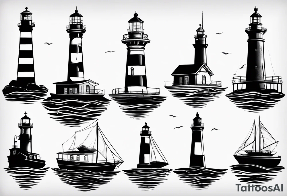maritime lighthouse partially hidden by its large fixed sail. calm sea reflection. tattoo idea