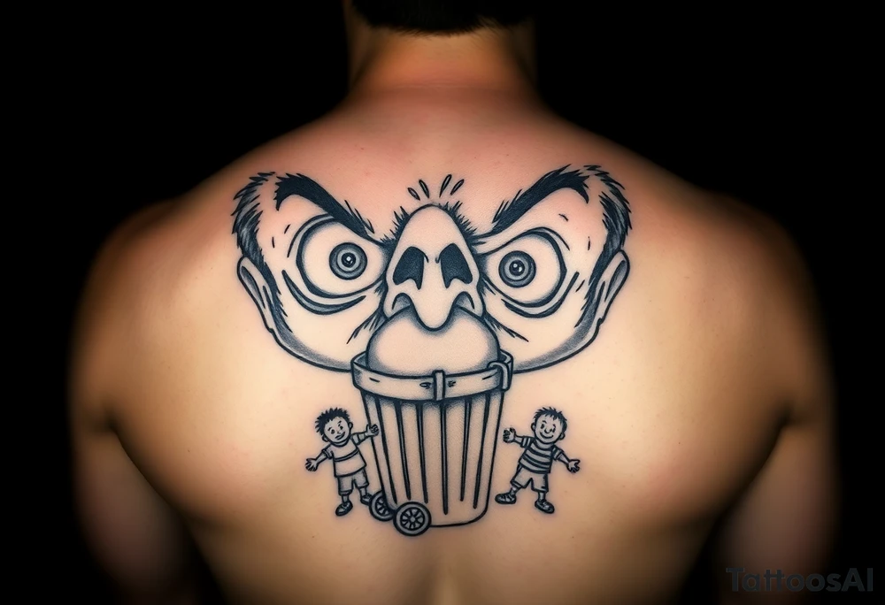 powerful faces with huge eyes and mouth with foamy mouth with a garbage pail kids around tattoo idea