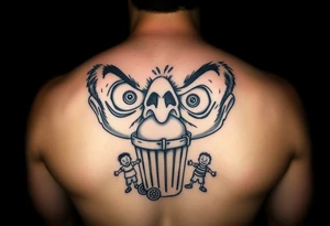 powerful faces with huge eyes and mouth with foamy mouth with a garbage pail kids around tattoo idea