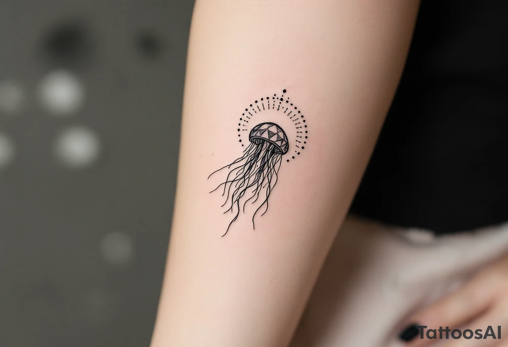 small, minimal fine-line tattoo, single jellyfish, sacred geometry surround, dotwork patterns, jellyfish bell dome, flowing tentacles, trailing streamers, geometric mandala, radiating dotwork, minimalist design, black grey lines, soft shading, no outlines, geometric frame, organic jellyfish form, upper arm shoulder placement, light airy feel, delicate linework, geometric backdrop, clean lines, radiating patterns, simple jellyfish centerpiece, minimalist, psychedelic tattoo idea