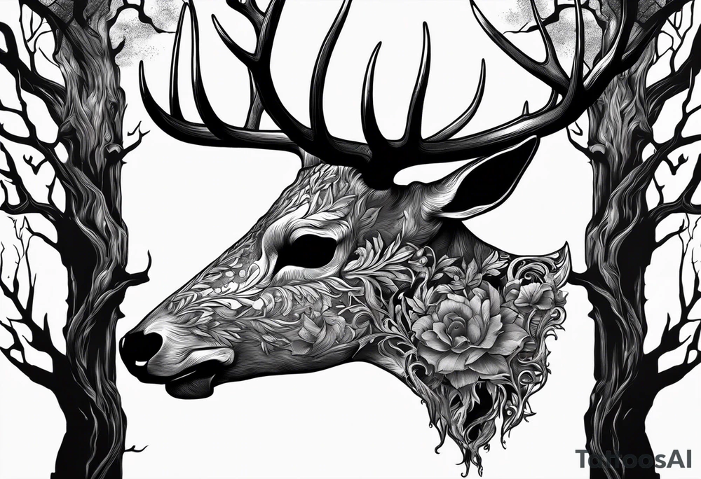 A side view of decayed deer skull surrounded by trees and fire tattoo idea