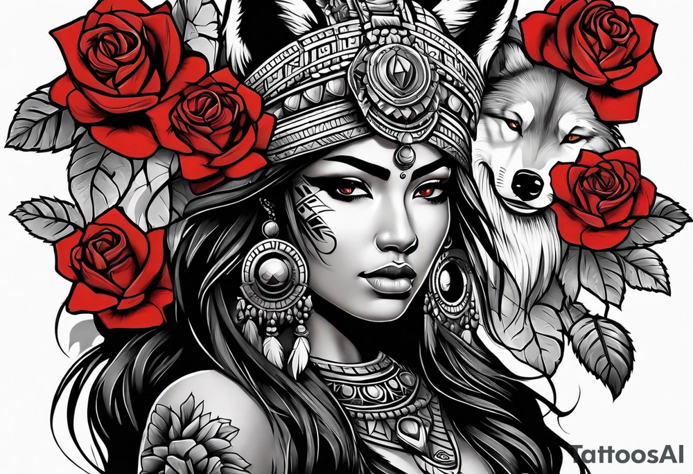 Aztec woman wrapped in roses with a wolf tattoo idea