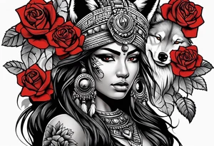 Aztec woman wrapped in roses with a wolf tattoo idea
