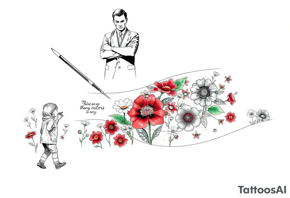 Concept:
A child holding a paintbrush, painting a field of flowers. The flowers are initially all red and green, but as the child moves forward, a burst of multicolored flowers begins to bloom, symbolizing creativity and breaking free from rigid rules. Behind the child, a shadowy figure (representing the strict teacher in the song) watches with crossed arms. The phrase "There are so many colors in the rainbow" could be subtly written in the design, blending into the artwork. tattoo idea