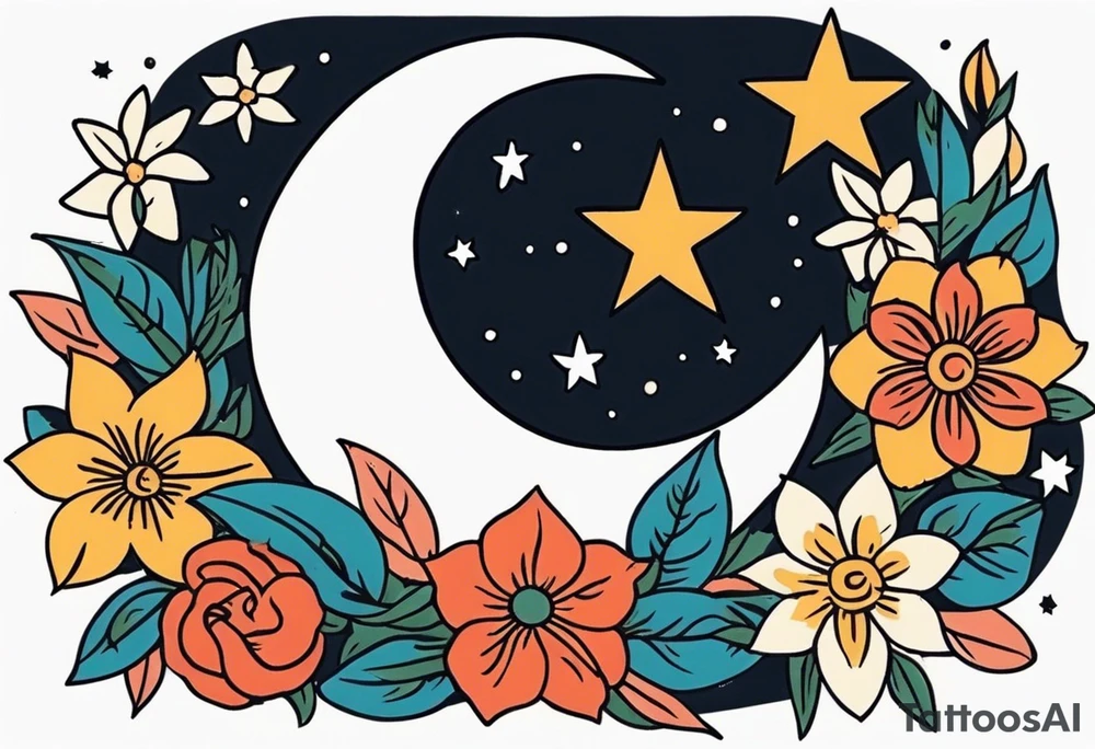 stars and moon

old school vintage simple traditional design with vintage flowers surrounding
bold color simple tattoo idea