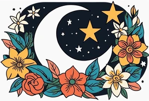 stars and moon

old school vintage simple traditional design with vintage flowers surrounding
bold color simple tattoo idea