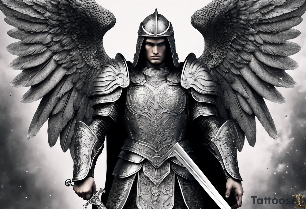 **Tattoo Design: Archangel Michael**

- **Central Theme**: Archangel Michael, majestic and powerful, stands ready with a raised sword, prepared to battle evil.
- **Appearance**: The figure of Archangel Michael depicted in full angelic armor, with majestic wings spread wide.
- **Expression**: His stance conveys strength, courage, and determination in defense of good.
- **Details**: Focus on intricate details such as facial features, armor embellishments, and the raised sword.
- **Background**: May be stylized as celestial, with rays of light or clouds, accentuating the divine presence of Archangel Michael.
- **Placement**: Intended for placement on the chosen body area, with the option to adjust the size according to personal preferences. tattoo idea