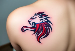 A Czech flag morphing into a roaring lion, symbolizing national pride and strength, with deep red, white, and royal blue tones. tattoo idea