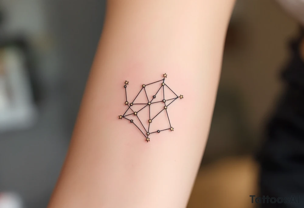 A Sagittarius constellation with stars as tiny gold dots connected by soft gray lines above the collarbone tattoo idea