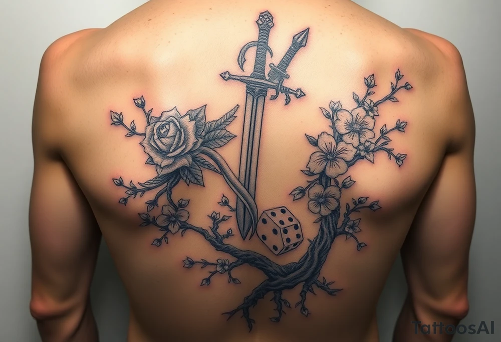 knight with sword and squid intertwined with climbing roses and tree roots with cherry blossoms rolling dice tattoo idea