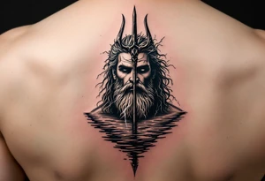 neptune with trident half way in calm water with lightning tattoo idea