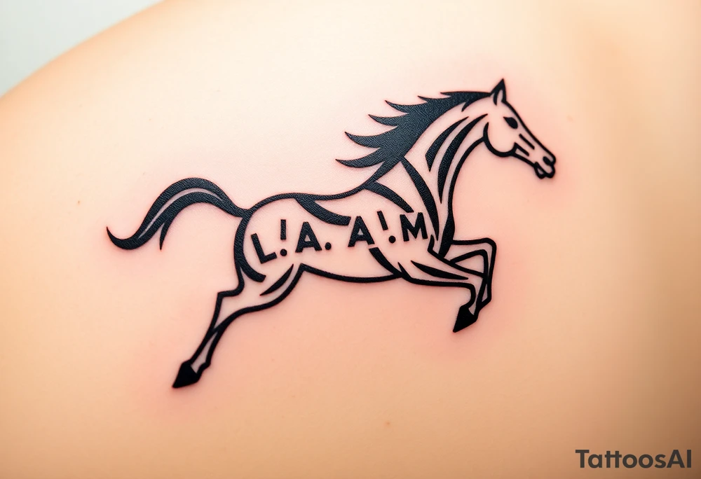 horse silhouette 
from the front which gallops from the front, with the 3 small letters discreetly integrated: L, A, M tattoo idea