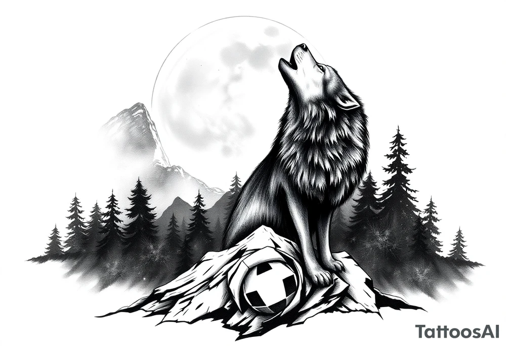 lone wolf howling at full moon with northern lights backdrop tattoo idea
