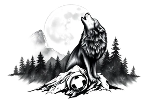 lone wolf howling at full moon with northern lights backdrop tattoo idea