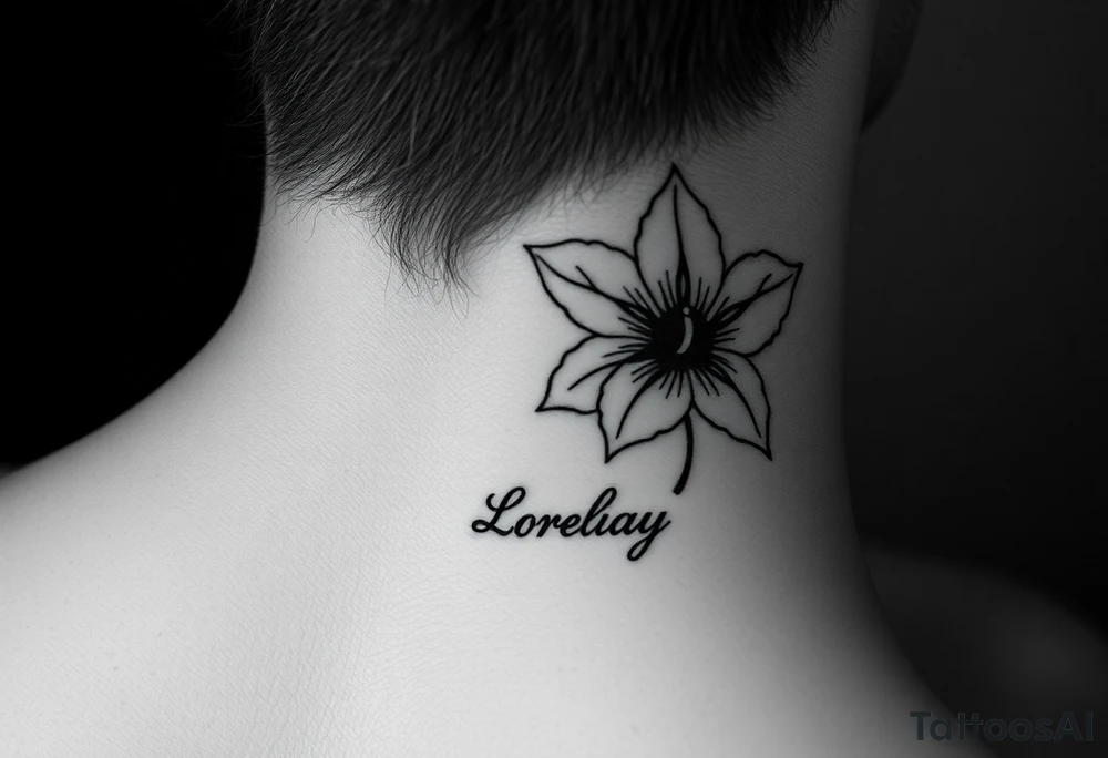 Crea un diseño significativo sobre la flor de bayahibe egipcia y que tenga el nombre escrito por de bajo del diseño el nombre de mi hermana Lorelay para la parte baja del bíceps tattoo idea