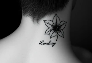 Crea un diseño significativo sobre la flor de bayahibe egipcia y que tenga el nombre escrito por de bajo del diseño el nombre de mi hermana Lorelay para la parte baja del bíceps tattoo idea