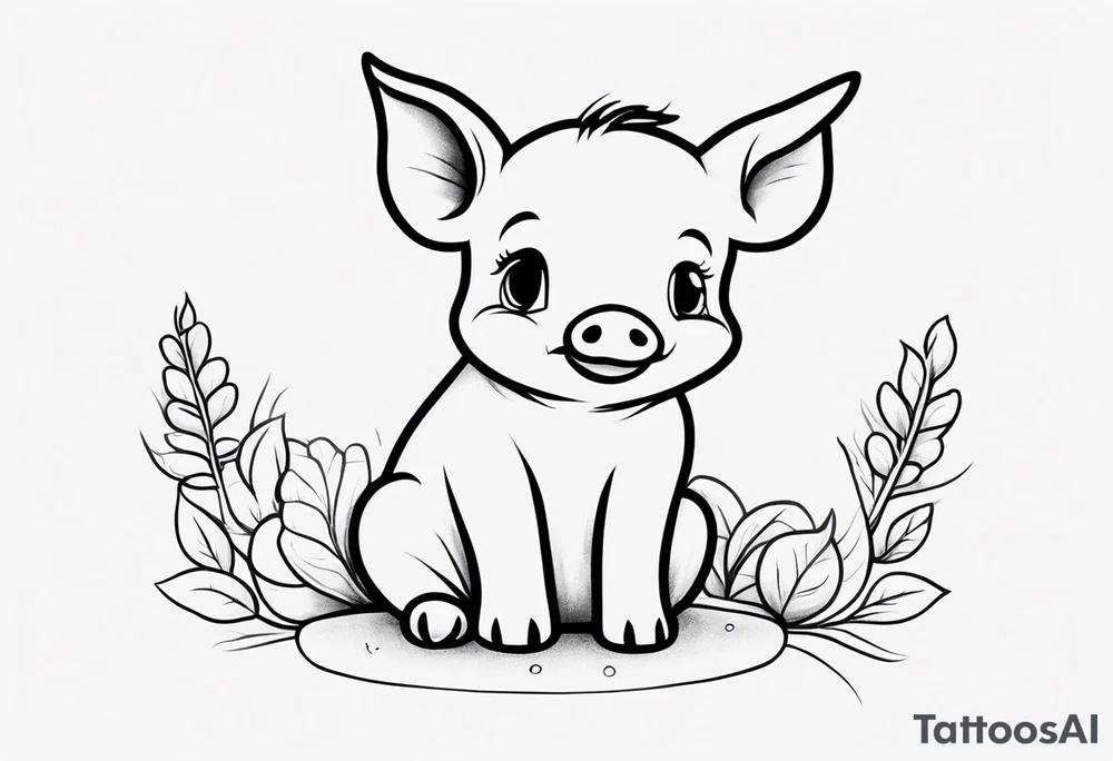 cute simple piglet sitting on bum. big eyes, small/floppy ears. thin lines minimal shading, black and white only, with text "friends not food", white background tattoo idea