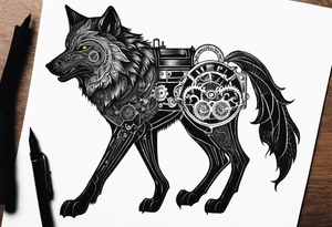 Powerful wolf powered by an engine featuring an "steampunk desing" tattoo idea