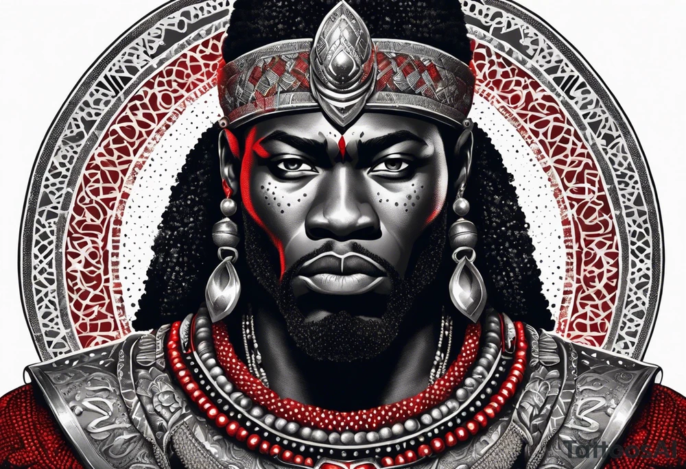 African black-skinned warrior. He is a god of war. He wears a small silver crown and a simple red necklace tattoo idea