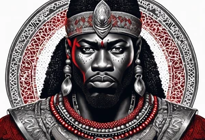 African black-skinned warrior. He is a god of war. He wears a small silver crown and a simple red necklace tattoo idea