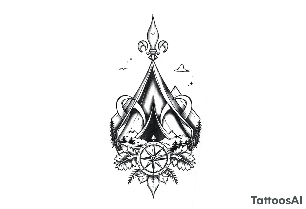 Scouting, camping, nature, fleur de lis, necker, tent, mountain, compass

Black and white or watercolor 
Back of calf tattoo idea