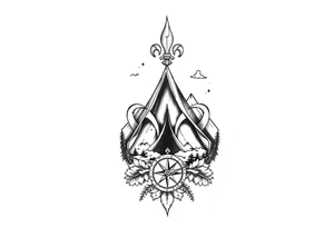 Scouting, camping, nature, fleur de lis, necker, tent, mountain, compass

Black and white or watercolor 
Back of calf tattoo idea