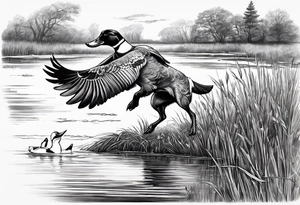 bird dog retrieving duck from marsh in its mouth tattoo idea