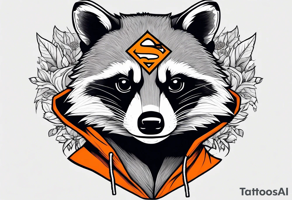 Raccoon wearing an orange Superman hoodie tattoo idea