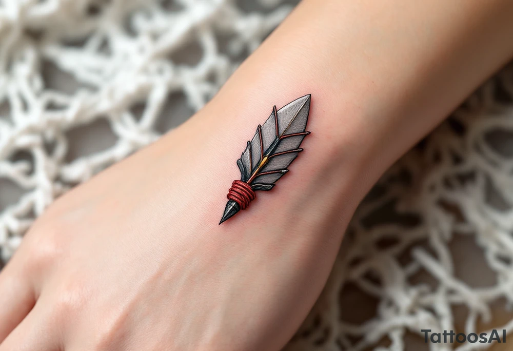A hand-carved flint arrowhead in gray with red cord wrapping, symbolizing strength and survival tattoo idea