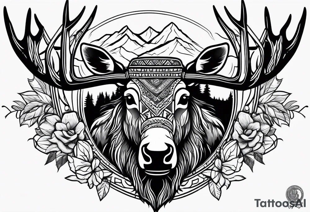 Native Moose at Lake tattoo idea