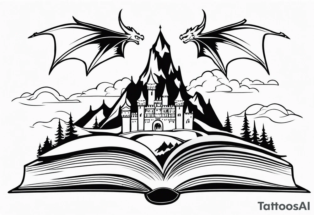 an open fairy book. a dragon with scales and four legs flying in the sky. a castle. three mountain peaks tattoo idea