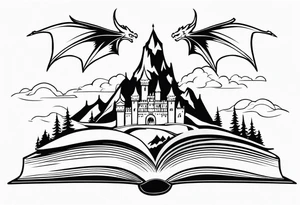 an open fairy book. a dragon with scales and four legs flying in the sky. a castle. three mountain peaks tattoo idea